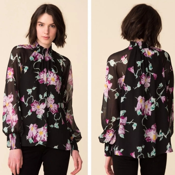 A.L.C. Tops - A.L.C. Venetia High-Neck Black Floral Print Silk Top Blouse‎ Size 6 Small